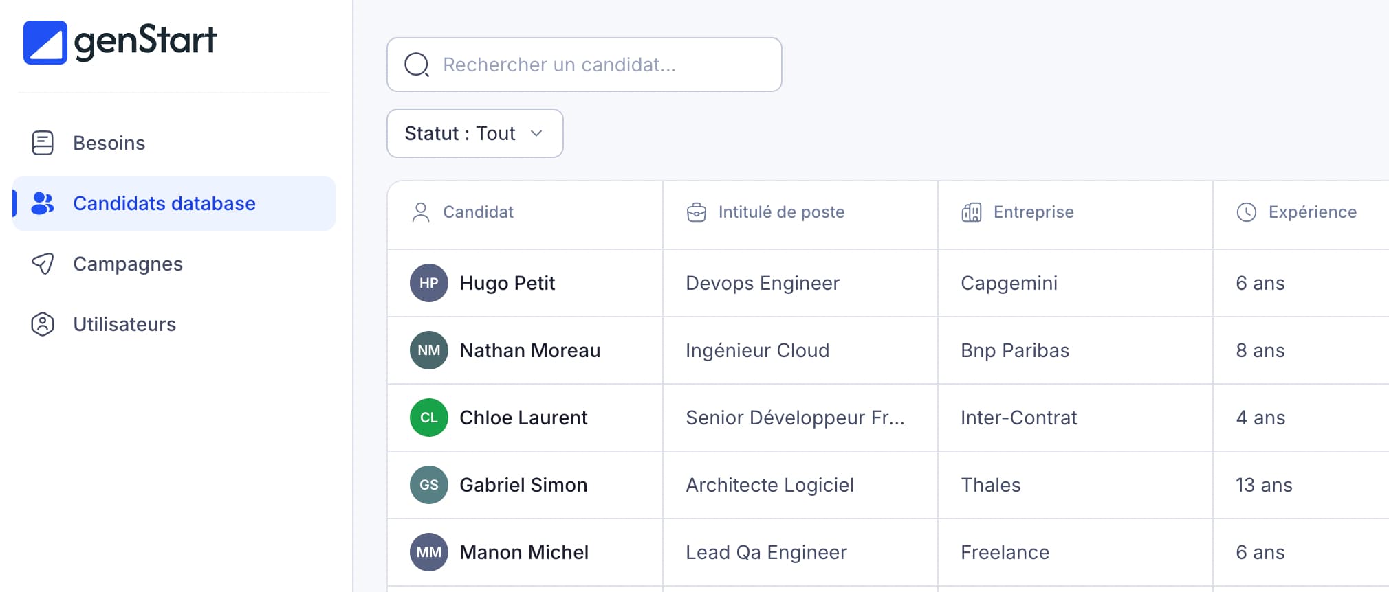 Écran GenStart — import du vivier candidats