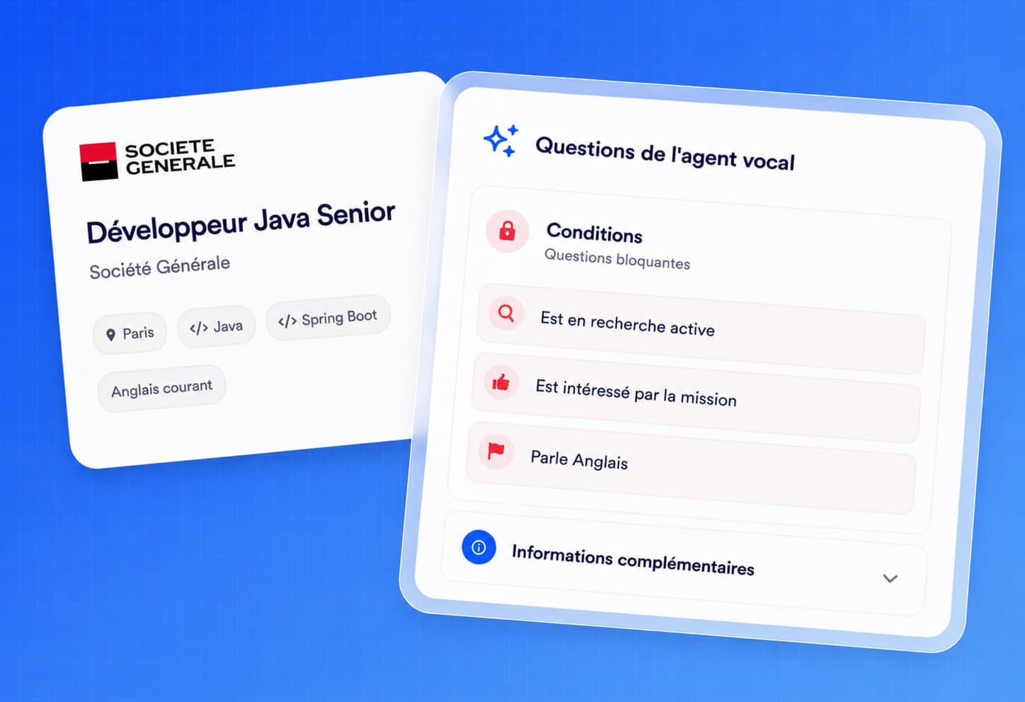 Configuration des questions de l'agent vocal pour une mission Développeur Java Senior