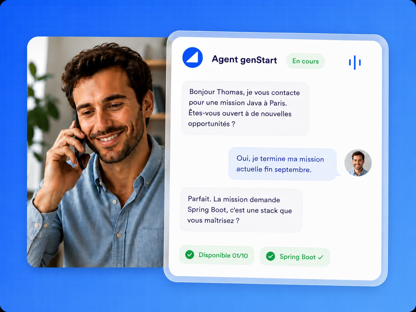 Agent genStart en conversation naturelle avec un candidat par téléphone