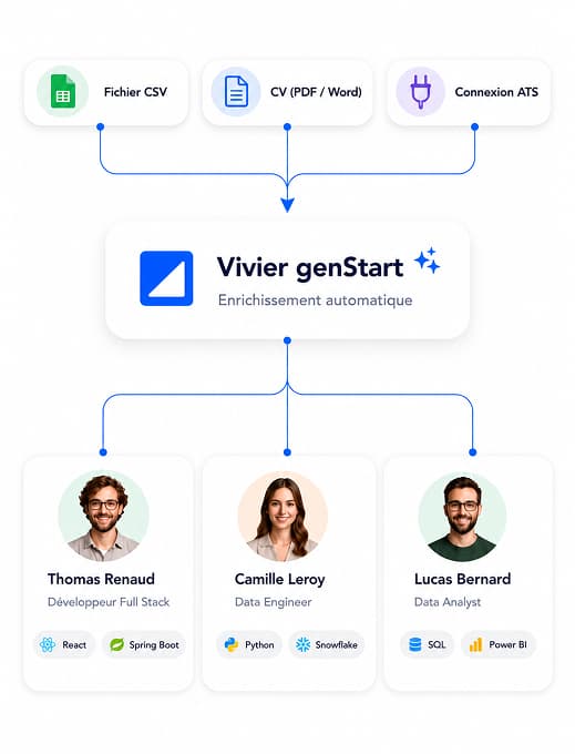 Gestion du vivier GenStart : import CSV, CV et ATS avec enrichissement automatique des fiches candidats