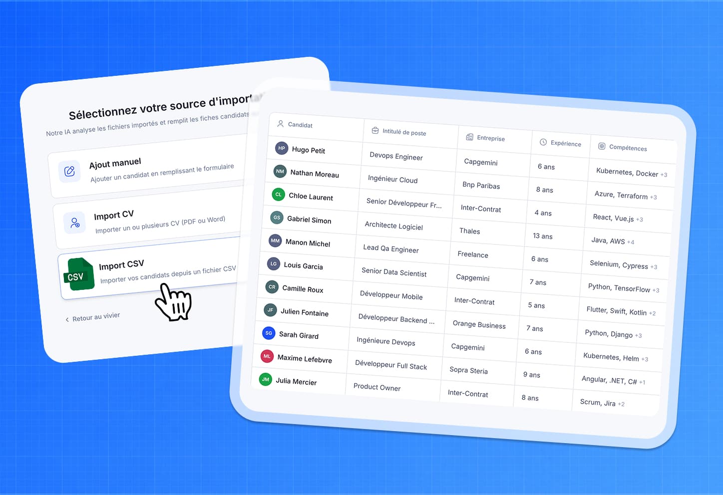 Import Excel / CSV intelligent avec extraction automatique des fiches candidats